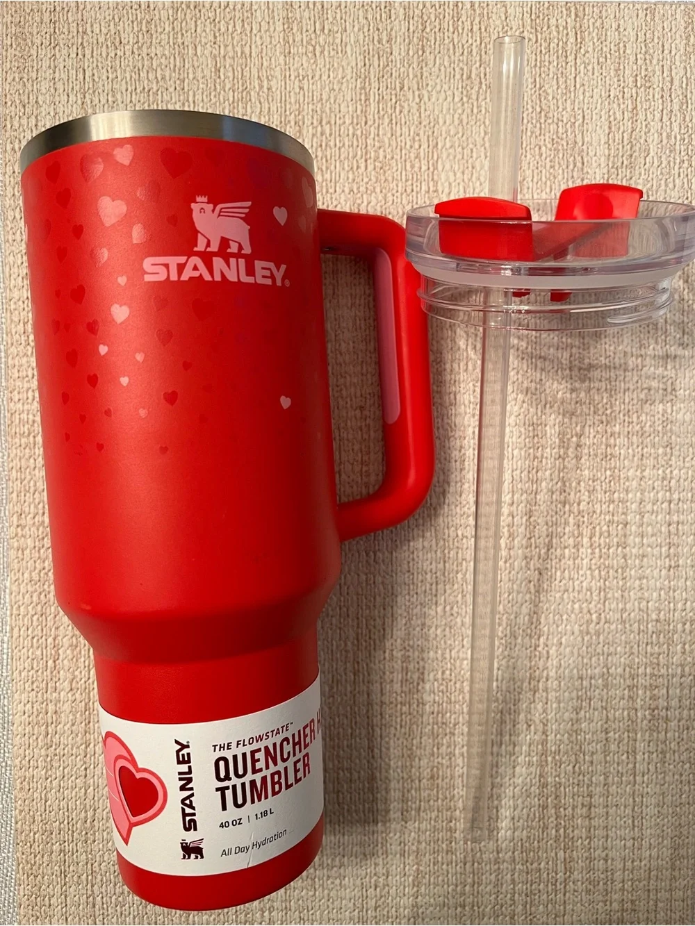 Valentines Stanley Red Quencher Tumbler with Heart Accent - Picture 2 of 3